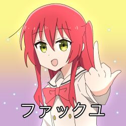 Rule 34 | 1girl, artist name, bocchi the rock!, bow, bowtie, commentary, dot nose, gradient background, green eyes, hair between eyes, highres, insulting viewer, kita ikuyo, long hair, looking at viewer, middle finger, one side up, open mouth, profanity, purple background, red bow, red bowtie, red hair, school uniform, shuka high school uniform, simple background, smile, solo, subtitled, the freakin yui, translated, upper body, watermark, yellow background