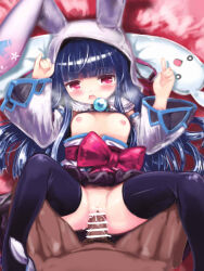 1boy ajitarou_(setsu) bar_censor black_hair black_thighhighs blush breasts breath capelet censored cleft_of_venus detached_sleeves emil_chronicle_online frilled_capelet frills highres japanese_clothes loli long_hair mitama_mikoto on_bed penis pussy rabbit_ear_headwear red_eyes red_ribbon ribbon sex small_breasts thighhighs vaginal