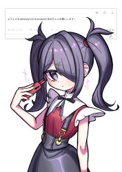 1girl absurdres ame-chan_(needy_girl_overdose) arm_at_side black_eyes black_hair black_skirt bow bowtie cellphone closed_mouth gomashio_lettuce hair_ornament hair_over_one_eye hand_up highres holding holding_phone long_hair looking_at_viewer needy_girl_overdose odaibako phone red_shirt shirt shirt_tucked_in sidelocks simple_background skirt sleeveless sleeveless_shirt smartphone solo suspender_skirt suspenders twintails upper_body white_background x_hair_ornament
