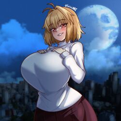 1girl ahoge arcueid_brunestud blonde_hair blush breasts building city full_moon hand_on_own_chest happy highres huge_breasts large_breasts looking_at_viewer melty_blood mole mole_under_mouth moon night night_sky purple_skirt red_eyes seireiart short_hair skirt sky smile sweater tsukihime turtleneck turtleneck_sweater vampire