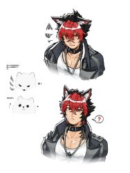 animal_ears black_choker black_jacket choker dog_boy ear_piercing highres jacket jewelry komano_manato large_pectorals multicolored_hair multiple_scars muscular muscular_male necklace pectorals piercing red_eyes scar scar_on_face shirt short_hair white_shirt zenless_zone_zero