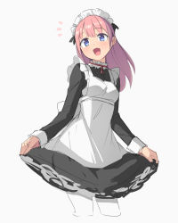 1girl :d blue_eyes cropped_legs fang highres long_hair long_sleeves looking_at_viewer maid maid_headdress open_mouth original pink_hair saiste simple_background skin_fang skirt_hold smile solo white_background