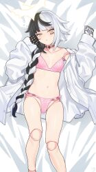 1girl absurdres arms_up bed_sheet black_hair borrowed_character bra braid braided_ponytail breasts collarbone commentary_request commission dated doll_joints facial_mark halo hands_up highres jacket joints looking_at_viewer lying multicolored_hair navel neck_tattoo off_shoulder on_back open_clothes open_jacket original panties parted_lips pink_bra pink_panties rkrk second-party_source signature skeb_commission small_breasts solo tattoo two-tone_hair underwear violet_(ac8231) white_hair white_jacket yellow_eyes