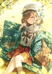 1girl absurdres autumn autumn_leaves belt belt_buckle black_bow black_socks bow briefcase brown_hair buckle cabbie_hat closed_mouth daidai_(daidai826) dappled_sunlight day enpera falling_leaves feet_out_of_frame ginkgo_leaf grey_scarf hair_ornament hairclip hat hat_feather highres kneehighs leaf long_hair original outdoors plaid_clothes plaid_scarf pleated_skirt red_skirt scarf school_briefcase school_uniform serafuku shirt sitting skirt smile socks solo sunlight swing twitter_username very_long_hair white_hat white_shirt x_hair_ornament yellow_eyes