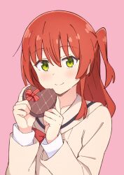 1girl absurdres blush bocchi_the_rock! bow bowtie box brown_sailor_collar brown_shirt commentary_request green_eyes hair_between_eyes heart-shaped_box highres holding holding_box kita_ikuyo long_hair long_sleeves looking_at_viewer mimori_(mimori_05) one_side_up pink_background red_bow red_bowtie red_hair sailor_collar shirt sidelocks simple_background smile solo upper_body valentine