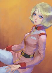 1girl blonde_hair blue_eyes expressionless gundam highres jacket looking_at_viewer military_uniform mobile_suit_gundam nucca_dzuke orange_background pink_jacket sayla_mass short_hair solo