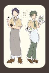 1boy 1girl :d apron black_hair braid breast_pocket brown_shoes cake cake_slice commentary_request contrast_collar cousins cup drinking_straw employee_uniform food frilled_apron frills full_body futsuu_no_keion-bu green_eyes green_hair green_necktie grey_apron hair_ornament hairpin highres holding holding_notepad holding_pen ice ice_cream ice_cream_float ice_cube iiyatusuki kouyama_rin loafers looking_at_viewer necktie notepad official_alternate_costume open_mouth outline pants pen pocket ponytail puffy_short_sleeves puffy_sleeves shirt shoes short_ponytail short_sleeves skirt smile socks standing striped_clothes striped_collar striped_pants striped_skirt taguchi_ryuuya vertical-striped_clothes vertical-striped_pants vertical-striped_skirt waist_apron waiter waitress white_apron white_necktie white_outline white_pants white_socks yellow_shirt