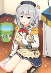 10s 1girl apron beret blue_eyes bucket cleaning cleaning_rag desk epaulettes female_focus frilled_sleeves frills gloves hat kantai_collection kashima_(kancolle) long_hair nakamura_sumikage open_mouth smile solo sparkle twintails wavy_hair white_gloves wooden_floor