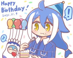 Rule 34 | !, 2girls, ^ ^, ahoge, bad id, bad twitter id, balloon, birthday, blue hair, blue hat, blue shirt, blush, cake, cake slice, closed eyes, closed mouth, collared shirt, dated, eating, eighth note, food, food on face, fork, fruit, hair between eyes, happy birthday, hat, holding, holding fork, holding plate, long hair, magia record: mahou shoujo madoka magica gaiden, mahou shoujo madoka magica, miki sayaka, multicolored hair, multiple girls, musical note, official alternate costume, original, party hat, plaid clothes, plaid shirt, plate, reverse (bluefencer), shirt, simple background, spoken exclamation mark, spoken musical note, strawberry, two-tone hair, upper body, white background, white hair, yellow eyes