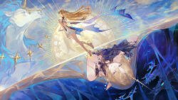 2girls absurdres black_collar black_dress blonde_hair blue_eyes blue_hair cartethyia_(wuthering_waves) closed_mouth collar colored_inner_hair commentary_request crown_of_thorns dress dual_persona fleurdelys_(wuthering_waves) highres horns imperator_(wuthering_waves) long_hair multicolored_hair multiple_girls own_hands_clasped own_hands_together sandals single_horn split_theme tabard tacet_mark_(wuthering_waves) unicorn very_long_hair white_tabard wuthering_waves yellow_horns zhanzhan_lan