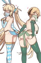 2girls absurdres adapted_costume animal_ears artoria_caster_(fate) artoria_caster_(swimsuit_berserker)_(fate) artoria_caster_(swimsuit_berserker)_(second_ascension)_(fate) artoria_pendragon_(fate) ass blonde_hair blue_gloves blue_thighhighs breasts bridal_gauntlets ebora elbow_gloves fake_animal_ears fate/grand_order fate_(series) from_behind gareth_(fate) gloves green_eyes green_gloves green_thighhighs harem_outfit highres large_breasts long_hair looking_at_viewer mouth_veil multiple_girls rabbit_ears short_hair small_breasts thighhighs twintails veil white_background