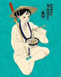 1girl absurdres annotated aqua_background artist_logo bell black_hair brown_eyes chopsticks eating food full_body highres holding holding_chopsticks indian_style japanese_clothes jingle_bell kagawa_prefecture kimono logo noodles original sei5osuzuki sitting solo white_kimono