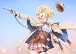 1girl blonde_hair blue_eyes detective gun hair_ornament handgun hat holding holding_gun holding_weapon hololive hololive_english holster jpc long_sleeves necktie open_mouth pocket_watch revolver saber_(weapon) shirt short_hair skirt smile solo sword syringe thigh_holster trigger_discipline virtual_youtuber watch watson_amelia weapon webley_revolver white_shirt