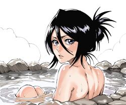 1girl back black_hair bleach blush breasts hair_between_eyes kuchiki_rukia looking_at_viewer lorna12155671 nude onsen purple_eyes short_hair solo water white_background