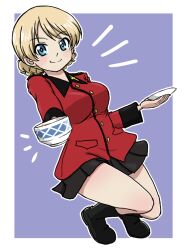 Rule 34 | 1girl, black boots, black skirt, blonde hair, blue background, blue eyes, boots, braid, closed mouth, commentary, cup, darjeeling (girls und panzer), floating, full body, girls und panzer, holding, holding cup, holding saucer, jacket, legs up, long sleeves, looking at viewer, military uniform, miniskirt, notice lines, outline, pleated skirt, red jacket, saucer, short hair, skirt, smile, solo, st. gloriana&#039;s military uniform, takahashi kurage, teacup, twin braids, white outline
