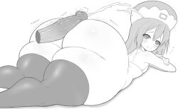 1boy 1girl absurdres ass bikini bikini_top_only blush breasts buttjob cum flat_chest hat highres huge_ass kyojiri_loli large_penis long_hair looking_at_viewer looking_back lying monochrome motion_lines neptune_(series) on_stomach penis ram_(neptunia) sketch small_breasts smile swimsuit thanuki thick_thighs thighhighs thighs uncensored white_background