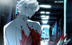 Rule 34 | 2boys, 2girls, absurdres, artist name, black-framed eyewear, blood, blood on clothes, blood on hands, blue eyes, ceiling light, chinese commentary, closed mouth, colored eyelashes, commentary request, expressionless, film grain, glasses, highres, in-universe location, indoors, jacket, kanou aogu, kumazaki karen, kurachi terumi, light particles, luqin, male focus, multiple boys, multiple girls, saibou shinkyoku, semi-rimless eyewear, short hair, solo focus, upper body, white hair, white jacket, yanagi nina