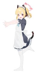 1girl :d absurdres animal_ears apron black_dress blonde_hair blue_archive blush dress fake_animal_ears frilled_apron frills full_body fuyubone highres long_hair long_sleeves looking_at_viewer maid maid_apron maid_headdress momoi_(blue_archive) open_mouth original pantyhose puffy_sleeves red_eyes ribbon shoes short_hair short_sleeves simple_background smile solo standing standing_on_one_leg tail white_apron white_background
