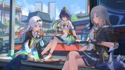 3girls absurdres aizhimi architecture bare_shoulders barefoot black_bra black_gloves black_hairband black_jacket black_thighhighs blue_hair board_game bra breasts bridal_gauntlets chess chess_piece chinese_chess closed_mouth clothing_cutout crossed_legs detached_sleeves dress east_asian_architecture firefly_(honkai:_star_rail) food gloves green_dress grey_hair hair_between_eyes hair_ornament hairband headpiece highres holding holding_chess_piece holding_food honkai:_star_rail honkai_(series) jacket long_sleeves looking_at_another medium_breasts multiple_girls neckerchief open_mouth orange_neckerchief pink_eyes playing_chess pleated_dress shirt small_breasts smile stelle_(honkai:_star_rail) thighhighs trailblazer_(honkai:_star_rail) underwear white_shirt yellow_eyes yunli_(honkai:_star_rail)
