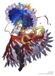 1girl absurdres adapted_costume arm_strap ascot back_bow black_boots black_pantyhose blue_bow blue_gemstone blush boot_straps boots bow bracelet breasts bug butterfly collared_shirt commentary_request full_body geikeshu gem green_hair highres holding holding_umbrella insect jewelry kazami_yuuka lips long_sleeves looking_at_viewer medium_hair nail_polish open_clothes open_mouth open_vest pantyhose parasol petticoat puffy_long_sleeves puffy_sleeves red_eyes red_nails red_skirt red_vest ribbon ring shirt simple_background skirt skirt_hold smile solo teeth touhou umbrella upper_teeth_only vest watermark white_background white_shirt yellow_ascot yellow_bow yellow_ribbon