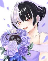1girl black_hair bouquet dress earrings falling_petals flower grey_hair hat highres holding holding_bouquet hololive hololive_english jewelry looking_at_viewer multicolored_hair open_mouth petals purple_dress purple_flower purple_veil shiori_novella solo soraha_123 split-color_hair tiara top_hat two-tone_hair veil virtual_youtuber white_background yellow_eyes yorick_(shiori_novella)