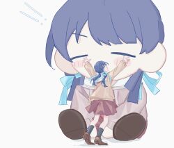 ! !! 1girl arms_up black_socks blue_hair blue_ribbon blush brown_cardigan brown_dress brown_shoes cardigan character_doll chibi closed_eyes commentary dress full_body hair_ribbon hasu_no_sora_school_uniform highres hoshiji link!_like!_love_live! loafers long_hair long_sleeves love_live! low_twintails medium_dress murano_sayaka neckerchief open_cardigan open_clothes pleated_dress profile red_neckerchief ribbon sailor_collar sailor_dress school_uniform shoes simple_background smile socks solo symbol-only_commentary twintails virtual_youtuber white_background white_sailor_collar winter_uniform