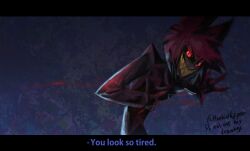 Rule 34 | 1boy, absurdres, alastor (hazbin hotel), animal ears, black sclera, colored sclera, deer ears, english text, glowing, glowing eyes, grin, hazbin hotel, hazbinhipper, highres, jacket, long sleeves, male focus, red eyes, red hair, red jacket, sharp teeth, short hair, smile, solo, teeth, upper body