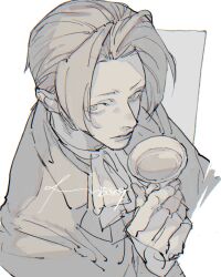 Rule 34 | 1boy, ace attorney, ascot, border, closed mouth, cup, dadadadadaist, from above, grey background, grey hair, highres, holding, holding cup, jacket, looking at viewer, male focus, miles edgeworth, parted bangs, short hair, signature, sketch, solo, suit jacket, teacup, upper body, white ascot, white border