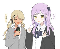 Rule 34 | 2girls, :3, alternate costume, black bow, black bowtie, black ribbon, blonde hair, bow, bowtie, can, cardigan, closed eyes, collared shirt, drink can, earrings, finger heart, grey cardigan, gyaru, hair bow, hair ornament, hair ribbon, heart, highres, holding, holding can, horizontal-striped bow, jewelry, kaminari qpi, light blush, loose bowtie, low twintails, medium hair, multiple girls, oisiimizu, open cardigan, open clothes, open mouth, parted bangs, purple hair, red bow, red bowtie, ribbon, school uniform, shinomiya runa, shirt, sleeves past wrists, twintails, two side up, upper body, virtual youtuber, vspo!, white background, white shirt, x hair ornament, yellow eyes