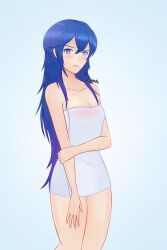 Rule 34 | 1girl, arm at side, artist name, bare shoulders, blue eyes, blue hair, brand of the exalt, breasts, clenched hand, collarbone, female focus, fire emblem, fire emblem awakening, fire emblem warriors, hair between eyes, highres, holding own arm, intelligent systems, legs, legs together, light blush, long hair, looking at viewer, lucina (fire emblem), matching hair/eyes, messy hair, naked towel, neck, nintendo, serious, shiny skin, sidelocks, simple background, small breasts, smgold, source request, standing, symbol in eye, thighs, tiara, tiara removed, towel