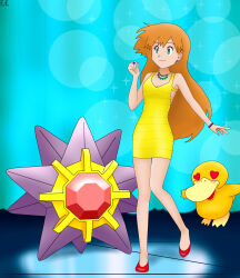 1girl ahoge alternate_costume alternate_hairstyle arm_at_side armpits artist_name bare_shoulders bracelet breasts cleavage clenched_hand dress earrings eyelashes fankifalu female_focus full_body gen_1_pokemon green_eyes gym_leader hair_down hand_up happy heart heart-shaped_pupils high_heels highres jewelry knees knees_together_feet_apart legs long_hair looking_up misty_(pokemon) necklace nintendo no_bra orange_hair pokemon pokemon_(creature) pokemon_frlg psyduck red_shoes ring shoes short_dress sidelocks size_difference small_breasts smile standing starmie symbol-shaped_pupils thighs tight_clothes tight_dress yellow_dress