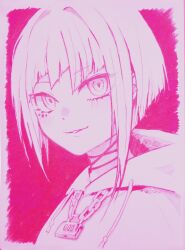 1girl absurdres blush border chain commentary_request highres hood hoodie iyorirei lock looking_at_viewer mole mole_under_eye monochrome parted_lips pink_background project_cold short_hair smile solo string_choker sumida_kirara tsurime white_border