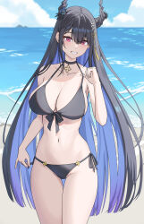 1girl absurdres asymmetrical_horns beach bikini black_bikini black_hair blue_hair breasts cleavage collarbone commentary cowboy_shot demon_horns front-tie_bikini_top front-tie_top halterneck highres hololive hololive_english horns large_breasts long_hair miyo12 mole mole_under_eye nerissa_ravencroft ocean purple_eyes sand side-tie_bikini_bottom solo string_bikini swimsuit uneven_horns very_long_hair virtual_youtuber