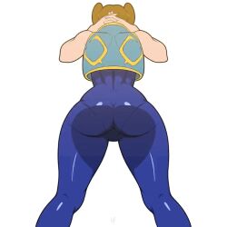 Rule 34 | 1girl, 2022, animated, animated gif, arms behind head, ass, ass focus, back, blue bodysuit, bodysuit, bouncing ass, brown hair, cameltoe, capcom, chun-li, commentary, cropped vest, double bun, english commentary, exercising, feet out of frame, female focus, from behind, from below, hair bun, huge ass, krezniverse, looking ahead, official alternate costume, pov, simple background, skin tight, sleeveless, solo, squatting, street fighter, street fighter zero, thick thighs, thighs, vest, white background, wide hips