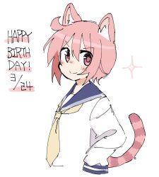 1girl ahoge animal_ears blue_sailor_collar blush cat_ears cat_tail closed_mouth cropped_torso happy_birthday kemonomimi_mode kibari long_sleeves looking_to_the_side neckerchief nonohara_yuzuko pink_eyes pink_hair sailor_collar school_uniform serafuku shirt short_hair simple_background smile solo striped_tail tail white_background white_shirt yellow_neckerchief yuyushiki yuyushiki&#039;s_school_uniform