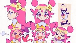 1girl ami_onuki blinking blush collar collared_dress double_bun dress embarrassed multiple_expressions eye_focus floating_hair flower full-face_blush hair_bun hair_flower hair_ornament happy heart hi_hi_puffy_amiyumi own_hands_together pink_eyes pink_hair shirt sleeveless sleeveless_shirt solo spoken_heart upper_body v-shaped_eyes white_collar yellow_dress yellow_flower yen0028
