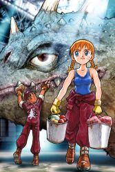 1boy 1girl absurdres akai_takami black_hair blue_eyes boots braid breasts bucket cleaning commentary_request dinosaur frown full_body highres jumpsuit kaiju long_hair one_eye_closed open_mouth orange_hair original small_breasts sweat tank_top traditional_media twin_braids