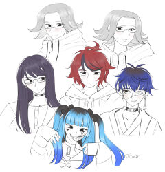 2girls 3boys ahoge amemiya_darumi aotsuki_eito black_eyes black_hair blue_hair blush closed_mouth collarbone earrings eyepatch face_piercing highres jewelry lip_piercing looking_at_viewer makeup messy_hair multicolored_hair multiple_boys multiple_girls omokage_yugamu one_eye_covered open_mouth piercing purple_hair red_hair runny_makeup safety_pin shizuhara_hiruko simple_background sketch sumino_takumi the_hundred_line_-last_defense_academy- upper_body white_background white_hair