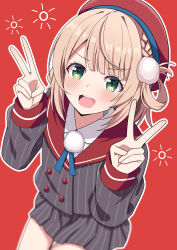 Rule 34 | 1girl, :d, absurdres, beret, blonde hair, braid, collared shirt, cowboy shot, double v, from above, green eyes, grey jacket, grey skirt, hair ornament, hair rings, hands up, hat, highres, hosinonana, indie virtual youtuber, jacket, open mouth, pinstripe jacket, pinstripe pattern, pinstripe shirt, pinstripe skirt, pom pom (clothes), pom pom hair ornament, red background, red hat, red sailor collar, red sleeve cuffs, sailor collar, school uniform, shigure ui (vtuber), shigure ui (vtuber) (1st costume), shirt, short hair, sitting, skirt, smile, sun symbol, teeth, upper teeth only, v, virtual youtuber, white shirt
