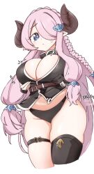 1girl absurdres black_gloves black_panties black_shirt black_thighhighs blue_eyes blush braid breast_lift breasts bunyeong cleavage cropped_legs crown_braid draph gloves granblue_fantasy groin hair_ornament hair_over_one_eye highres horns large_breasts long_hair looking_at_viewer narmaya_(granblue_fantasy) navel panties pink_hair plump shirt single_glove single_thighhigh solo thigh_strap thighhighs underwear very_long_hair