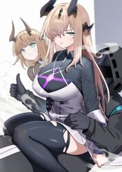 1other 2girls absurdres arknights black_gloves black_horns black_shirt black_thighhighs blonde_hair blush breasts chinese_commentary collared_shirt commentary covered_erect_nipples dishui_tangni doctor_(arknights) necrass_(arknights) eyes_visible_through_hair frown gloves green_eyes hair_over_one_eye hand_on_another&#039;s_hip highres horns large_breasts long_hair long_sleeves multiple_girls parted_lips reed_(arknights) shirt sidelocks sitting sitting_on_person steam thighhighs thumbs_up torn_clothes torn_thighhighs