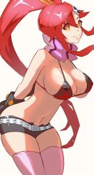 1girl asymmetrical_underboob belt bikini bracelet breasts cleavage flame_print gloves hair_ornament highres jewelry large_breasts long_hair no_shirt ponytail red_hair scarf short_shorts shorts skull_hair_ornament solo striped_clothes studded_belt swimsuit tengen_toppa_gurren_lagann ura_dora yellow_eyes yoko_littner