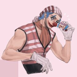 1boy absurdres ascot blue_hair brown_ascot buggy_the_clown character_doll cleft_chin closed_mouth clown_nose commentary doll eyelashes facepaint gloves green_eyes highres holding holding_doll looking_at_viewer male_focus merchandise one_piece one_piece_(live_action) pink_background realistic simple_background solo symbol-only_commentary upper_body vamos_mk white_gloves