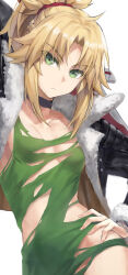 1girl black_jacket blonde_hair braid breasts clarent_(fate) collar collarbone dress fate/apocrypha fate/grand_order fate_(series) green_dress green_eyes half_up_braid highres jacket long_hair long_sleeves looking_at_viewer mordred_(fate) mordred_(fate/apocrypha) open_clothes open_jacket parted_bangs ponytail sidelocks small_breasts solo sword tonee torn_clothes torn_dress weapon