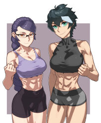 abs black_hair braid breasts cleavage clenched_hand collarbone cowboy_shot glasses green_eyes large_breasts long_hair looking_at_viewer navel orange_eyes original purple_hair rggr short_hair simple_background slit_pupils smile sports_bra toned toned_female