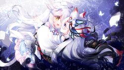 2girls animal_ears black_hair blue_eyes dress fang gradient_hair hamiyamiko multicolored_hair multiple_girls open_mouth original white_hair yellow_eyes yuri