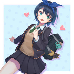 1girl :d bag bag_charm black_hair black_jacket black_skirt blazer blue_background blue_hairband blue_ribbon blush brown_sweater_vest charm_(object) commentary diagonal_stripes dress_shirt green_eyes green_necktie hair_ribbon hairband heart jacket kanojo_okarishimasu long_sleeves looking_at_viewer necktie open_clothes open_jacket open_mouth outside_border polka_dot polka_dot_background purea ribbon running sarashina_ruka school_bag school_uniform shirt short_hair skirt smile solo striped_necktie striped_neckwear sweater_vest white_shirt