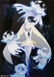 1girl :d arms_up beast_ball black_footwear blonde_hair copyright_notice dress floating gen_7_pokemon green_eyes hair_over_one_eye holding holding_poke_ball jellyfish long_hair lusamine_(pokemon) mizutani_megumi nihilego nintendo official_art open_mouth poke_ball pokemon pokemon_(creature) pokemon_sm sleeveless sleeveless_dress smile standing tentacles third-party_source ultra_beast very_long_hair white_dress