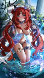 1girl artist_name babydoll bare_legs bird blue_babydoll blurry blurry_background blush breasts breasts_apart choker collarbone commentary english_commentary feet_out_of_frame flower front_split furrowed_brow genshin_impact gold_thighlet green_eyes hair_flower hair_ornament hand_chains highleg highleg_panties highres jewelry lace lace-trimmed_babydoll lace-trimmed_panties lace_trim laurel_crown lif_(lifoxcious) long_hair looking_at_viewer medium_breasts navel nilou_(genshin_impact) official_alternate_hairstyle panties partially_submerged pillar pulling_own_clothes purple_babydoll purple_flower purple_nails purple_wrist_cuffs red_hair ribbon_choker see-through_babydoll see-through_clothes sitting solo stomach thigh_bow thigh_strap thighlet twintails underwear veil very_long_hair water white_panties white_veil wrist_cuffs