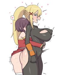 1futa 1girl ass blue_eyes blush breasts brown_hair clothed_sex darkness_(konosuba) deep_penetration fingerless_gloves futa_with_female futanari gloves grabbing_from_behind heart highres karei_(otachi18) kono_subarashii_sekai_ni_shukufuku_wo! long_hair medium_breasts medium_hair megumin nipples open_mouth ponytail sex simple_background speech_bubble sweat torn_clothes vaginal white_background